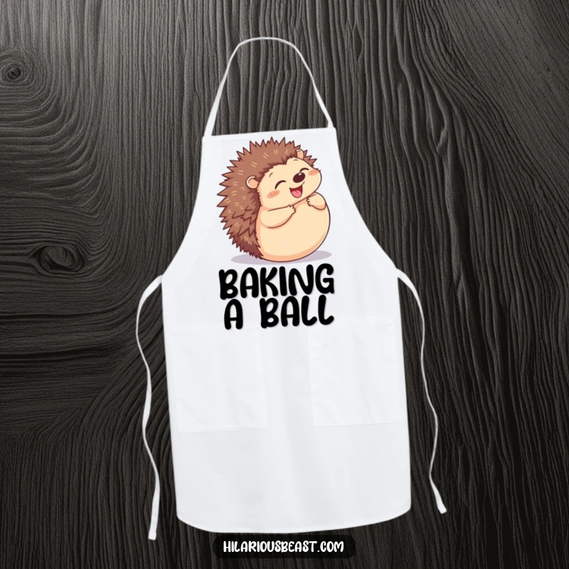 Funny Hedgehog Apron showing a plump hedgehog grinning and rolling into a ball, ready for kitchen fun.