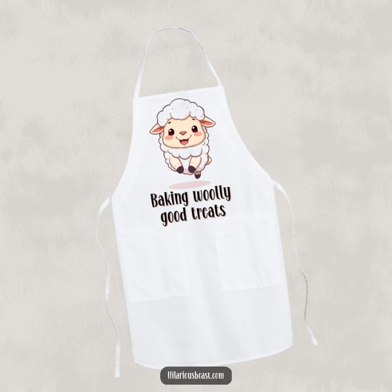 Funny kitchen apron with a fluffy sheep sporting a silly grin, bouncing on its hooves.