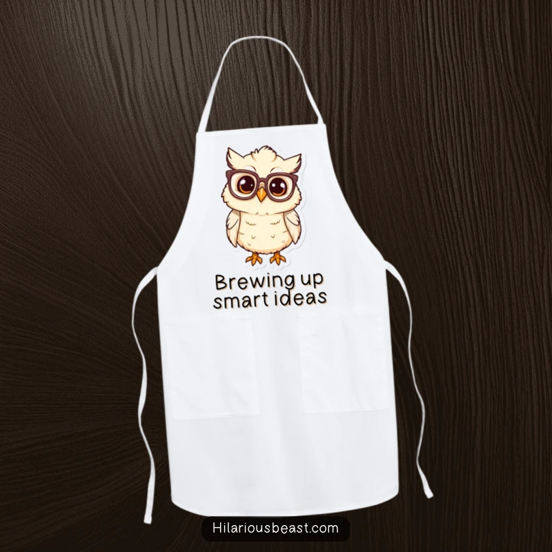 Funny owl chick with large glasses tilting head, culinary apron, kitchen humor gift.