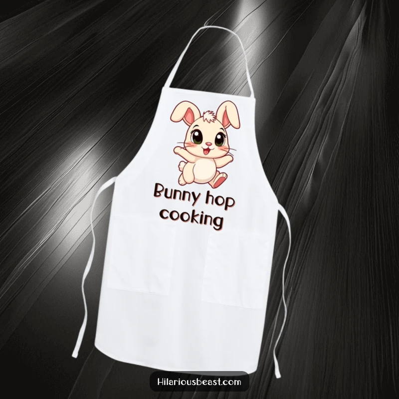 Funny cartoon bunny apron featuring a chef bunny with large eyes, ears flopped forward, hopping with joy.