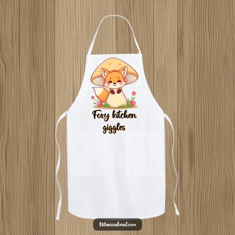 Funny fox apron with a giggling fox peeking from behind a wobbly mushroom, bringing woodland fun to the kitchen.