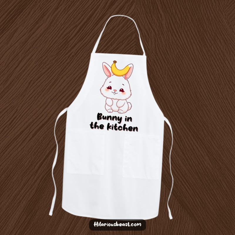Funny bunny apron, a fluffy bunny wiggling its nose, with a tiny banana peel on its head, ready for kitchen fun and delightful creations.