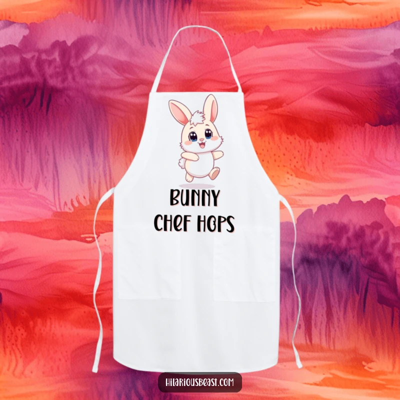 Funny bunny apron depicting a fluffy rabbit hopping with joyful abandon, its ears flapping, ready to create kitchen magic.
