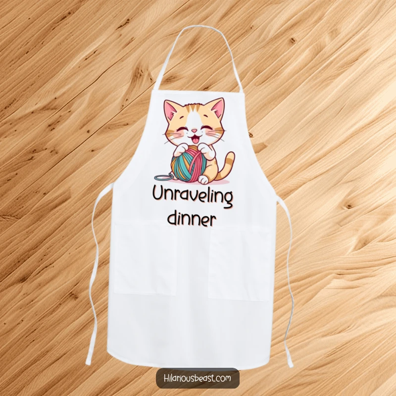 Funny cat batting yarn on a kitchen apron, bringing playful charm and humor for a unique funny gift.