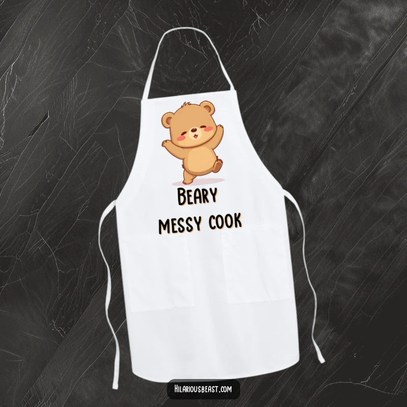 Funny brown bear cub apron during a shaky dance, perfect for adding a touch of clumsy humor to cooking and baking. A functional funny accessory.