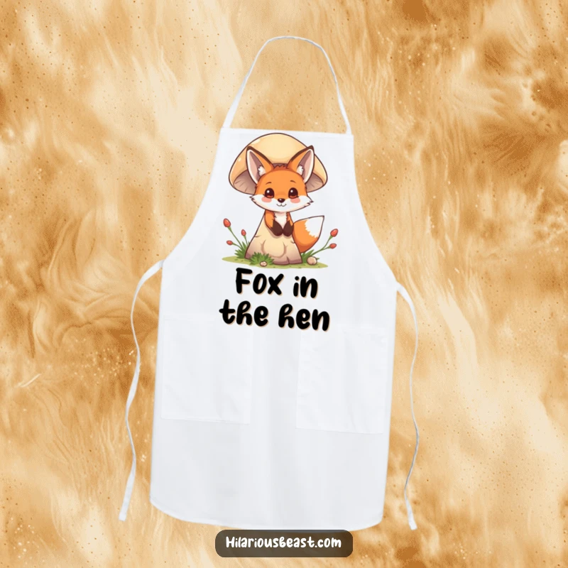 Funny mischievous fox cub peeking from behind a giant mushroom, kitchen apron, symbolizing playful fun and a touch of mystery in the kitchen.