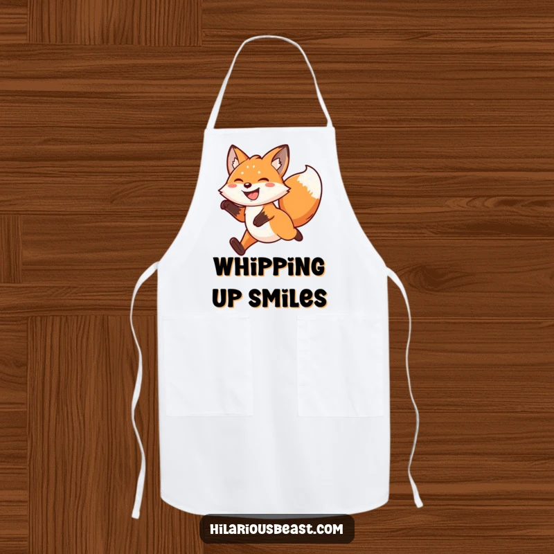 Funny kawaii fox apron showing a grinning fox leaping joyfully mid-air, tail wagging, prepared to assist in the kitchen with a playful spirit.