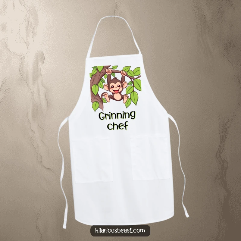 Funny Apron featuring a mischievous monkey swinging from a vine with a grin, ready for kitchen antics.