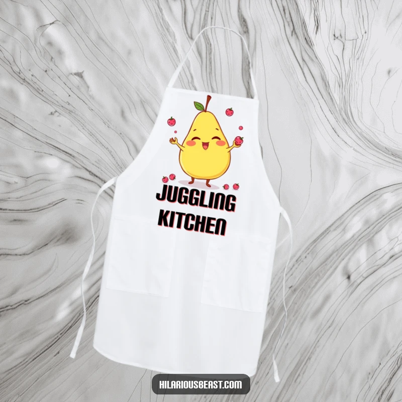 Funny apron showcasing a giggling, slightly lopsided pear character juggling tiny berries while cooking, perfect for kitchen antics.