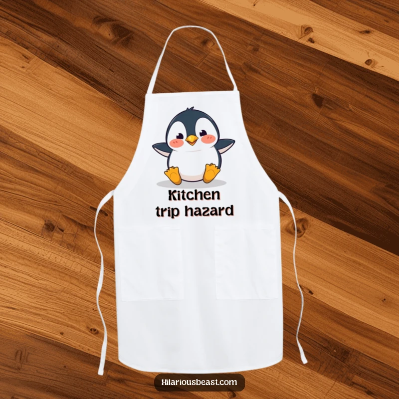 Funny penguin apron depicting a clumsy penguin tripping with a surprised face, ready to handle kitchen chaos with humor.