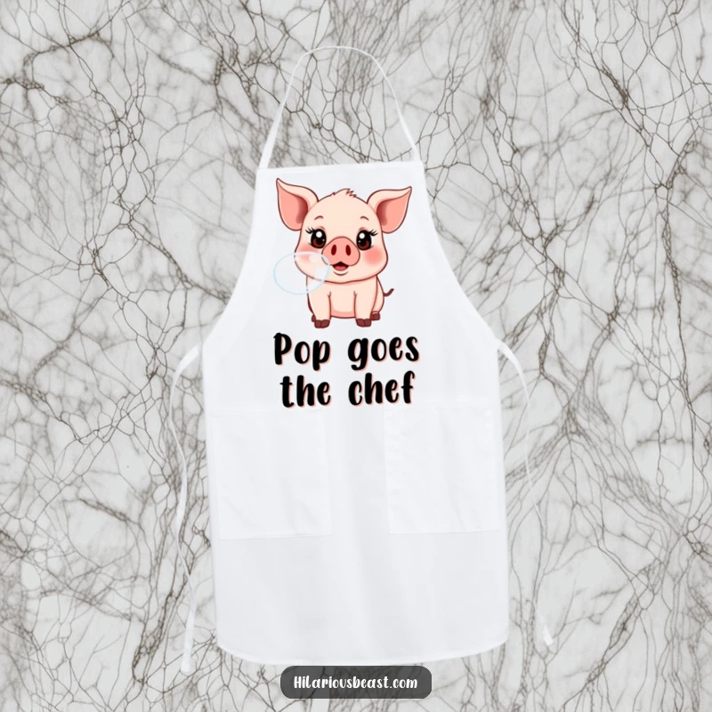 A durable kitchen apron showcasing a funny, animated piglet with big eyes, blowing a perfect bubble, ready for culinary adventures.