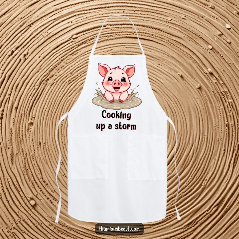 Funny kitchen apron with a cheerful piglet splashing gleefully in a mud puddle.