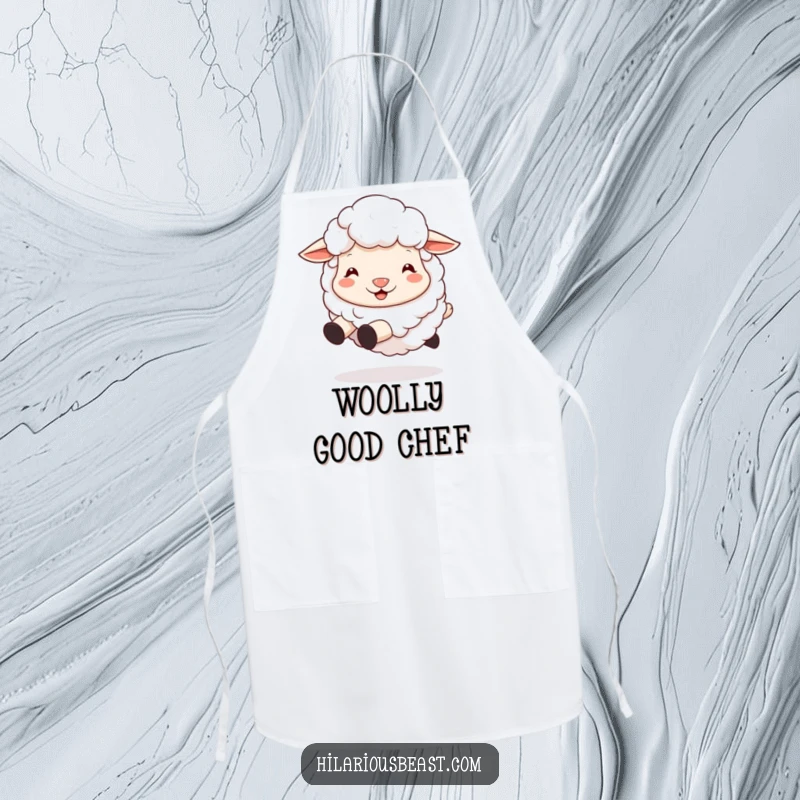 Funny sheep apron with a fluffy sheep sporting a silly grin, ready to help in the kitchen with a bounce.
