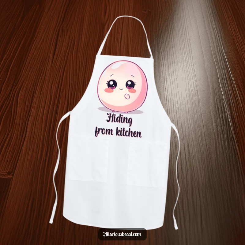 Funny apron with a shy blob, sparkly eyes, hiding behind a huge, wiggling jellybean, making kitchen tasks more humorous and enjoyable.