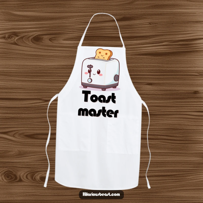 Funny apron showcasing a square, happy-faced toaster popping toast with a spring, perfect for humorous cooking sessions.