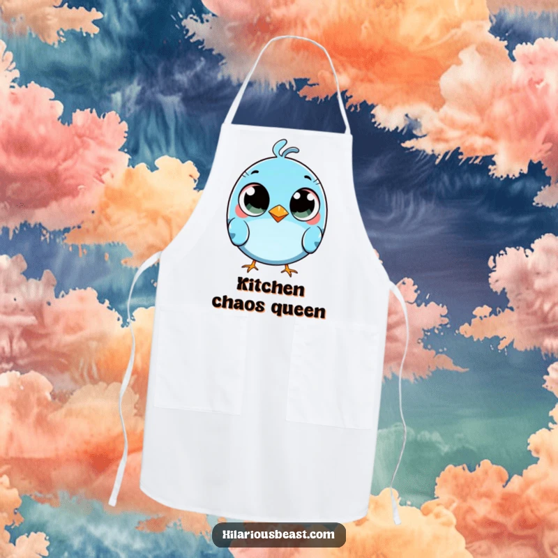 Funny round blue bird apron with comically wide eyes, tripping slightly, for a goofy cooking experience.