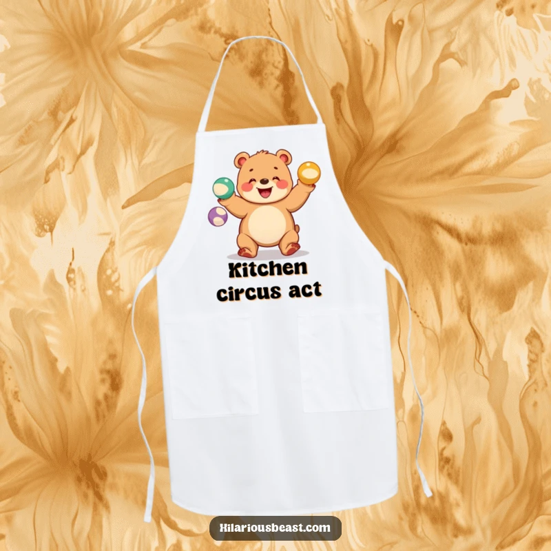 Funny bear cub apron showing a chubby cub juggling three colorful balls with a wide grin, adding circus whimsy to cooking.