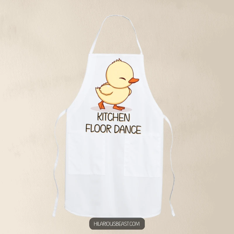 Funny Duckling Apron showing a small duckling adorably tripping, adding humor to kitchen tasks.
