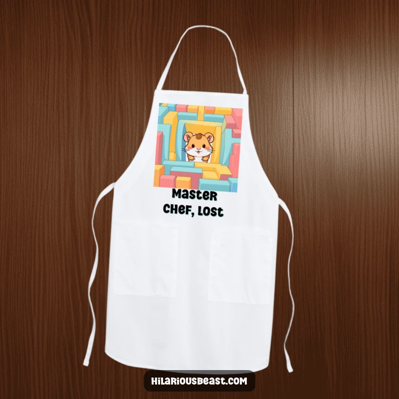 Funny hamster apron with a curious hamster peeking from a colorful maze, ideal for kitchen use.