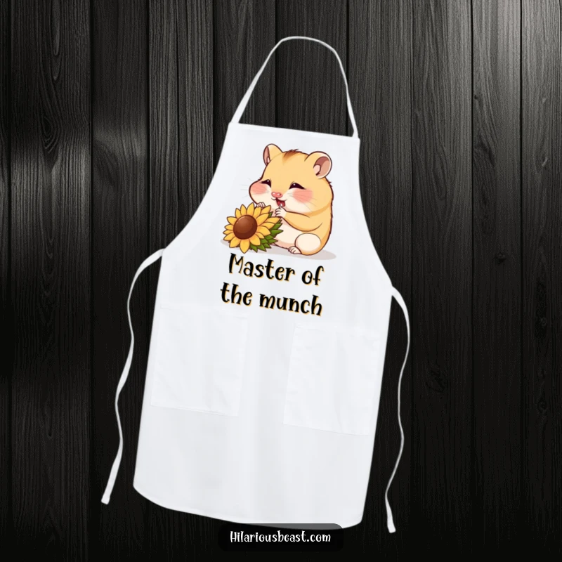 Funny hamster cub munching a sunflower seed, kitchen apron, foodie humor gift.