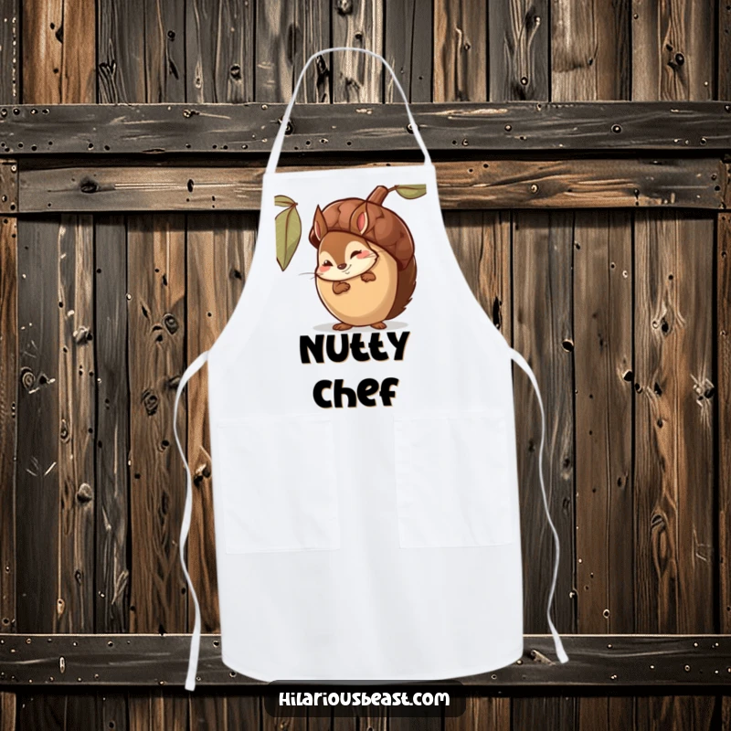 Funny Apron featuring a shy squirrel peeking from behind a giant acorn, a subtle smirk suggesting kitchen secrets.