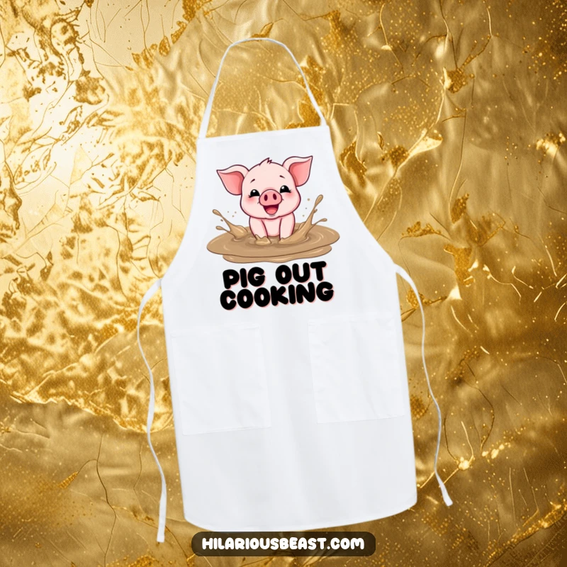 Funny Apron featuring a cheerful piglet gleefully splashing in a mud puddle, ready for kitchen fun.
