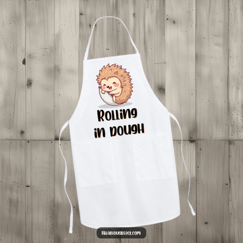 Funny Hedgehog Apron: Durable kitchen accessory with a cute hedgehog rolling into a ball, great for chefs.