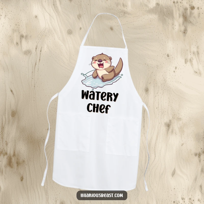 Funny giggling otter sliding down a slippery hill with a splash of water, printed on a kitchen apron, ready for messy fun and smiles.