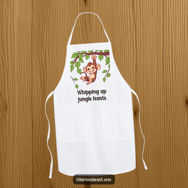 Funny kitchen apron with a mischievous monkey swinging from a vine with a grin.