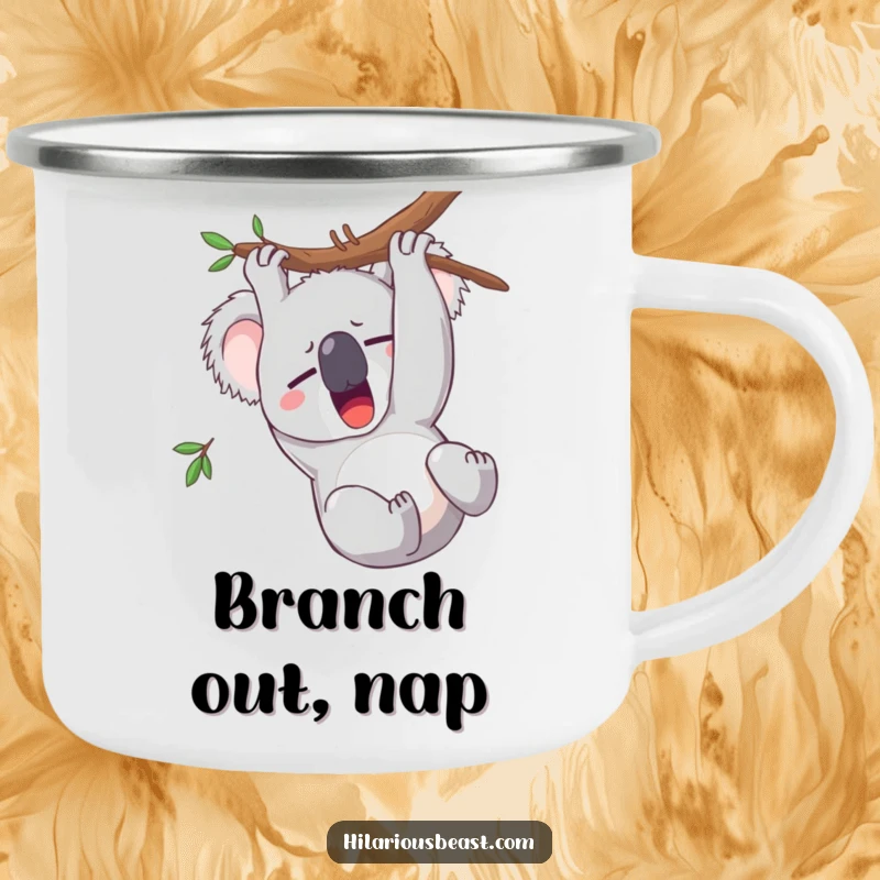 Funny koala camping mug with a sleepy character yawning upside down, for rugged relaxation.