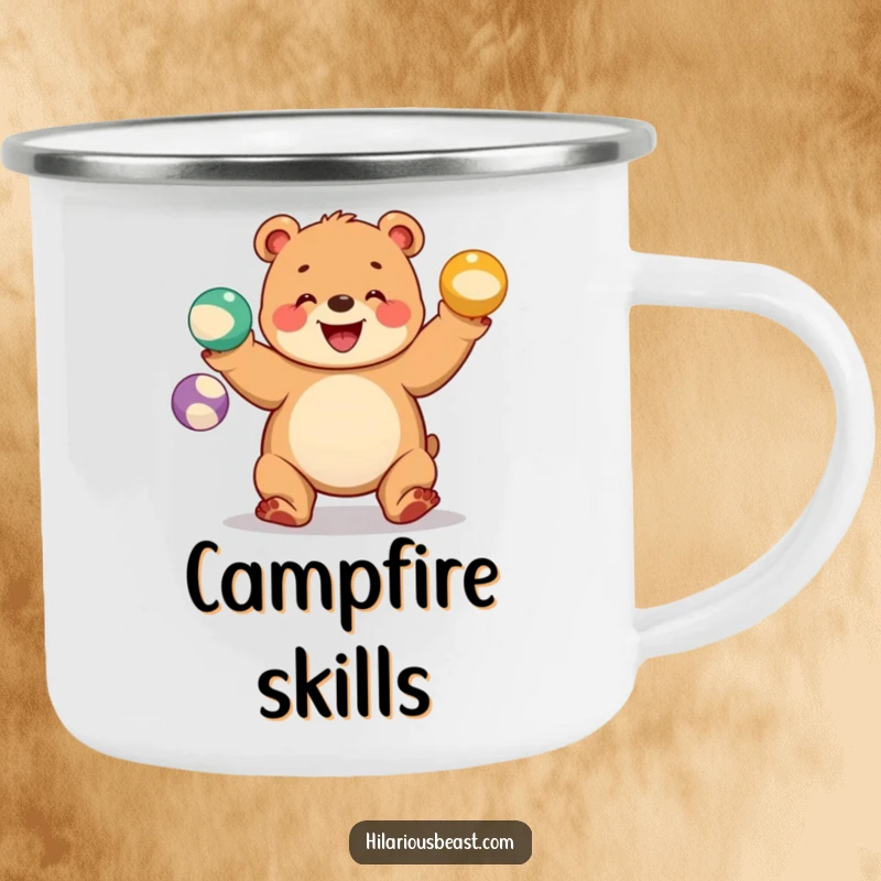 Funny bear cub camping mug showing a chubby cub juggling three colorful balls with a wide grin, perfect for outdoor laughs.