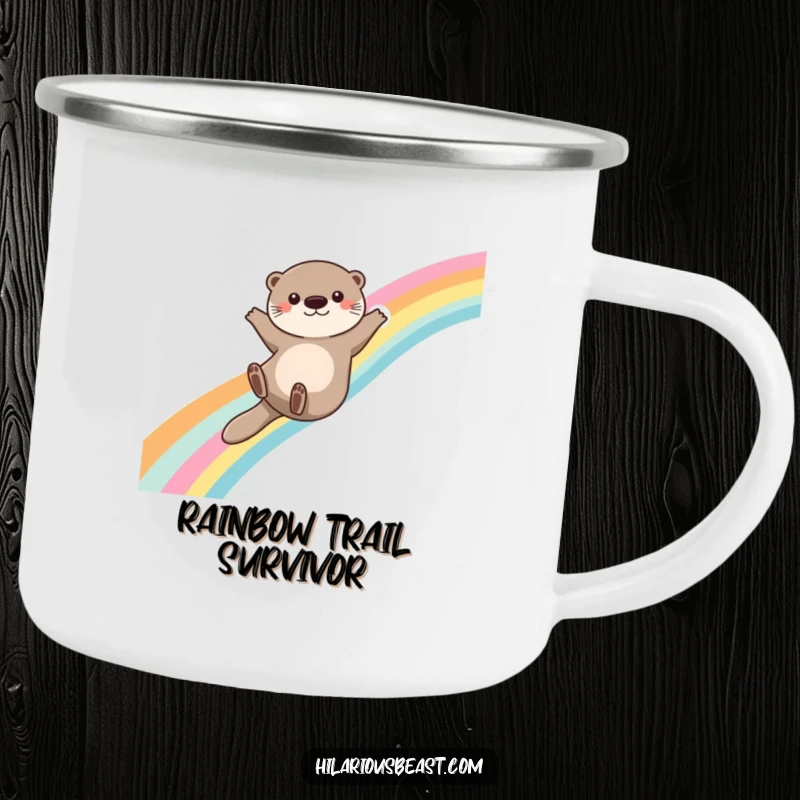 Funny otter camping mug featuring a cute otter sliding down a rainbow with arms outstretched, ready for enchanted sips.