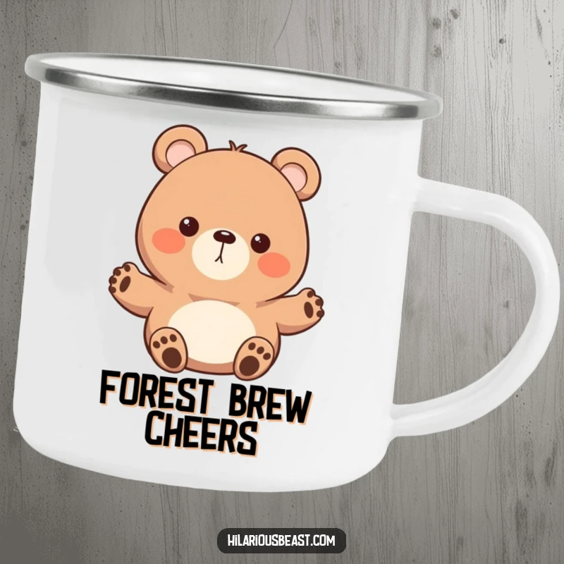 Funny round bear camping mug featuring a character with tiny paws waving enthusiastically, built for adventure and spreading friendly, humorous cheer.