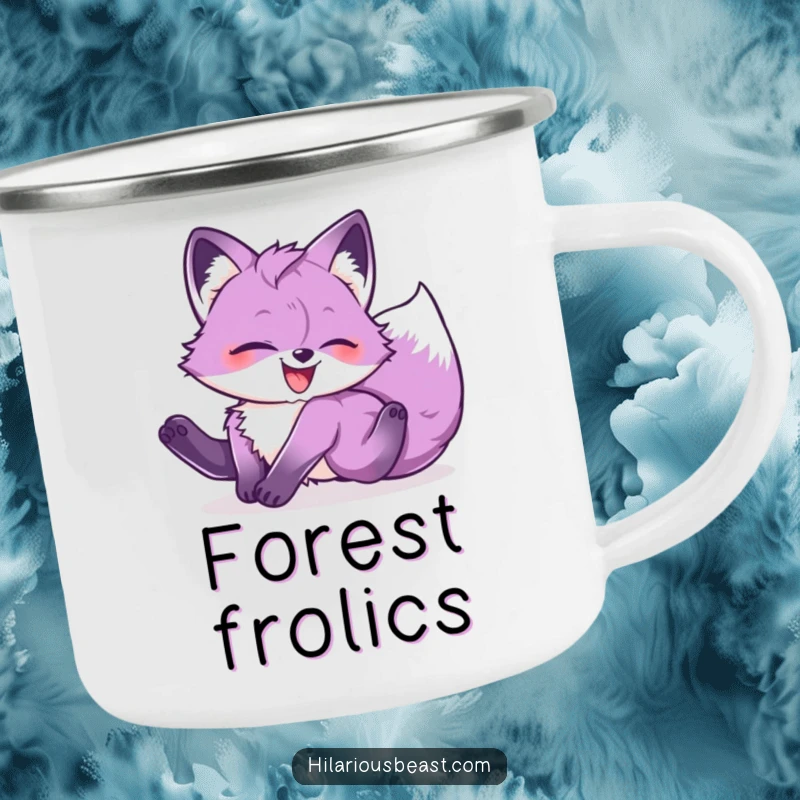 Funny purple fox cub tumbling head over heels with glee, featured on a durable and humorous camping mug.