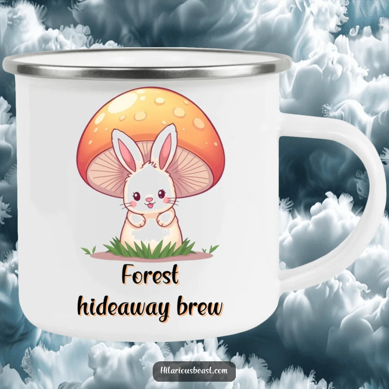 Funny enamel camping mug with a small bunny peeking from behind a giant, colorful mushroom, ideal for outdoor adventures and humorous gifts.