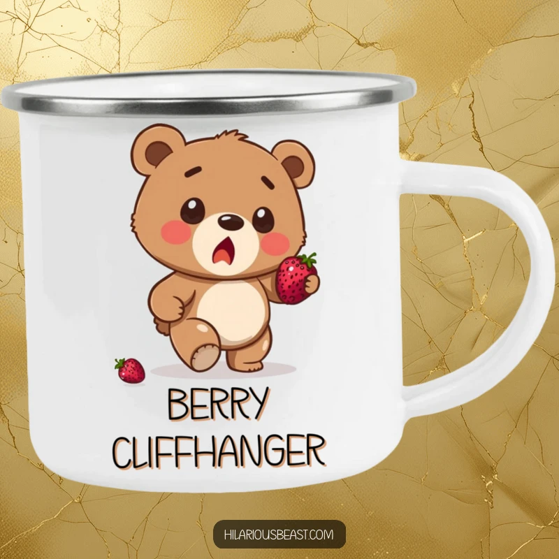 Funny brown bear cub camping mug, a surprised cub stumbling with a berry balanced, ready for campfire coffee and outdoor fun.