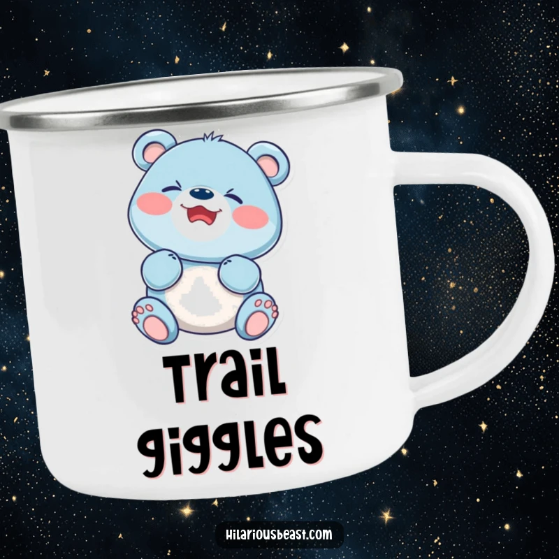 Funny blue bear cub, face scrunched in delight, giggling during an outdoor adventure, featured on a durable camping mug.