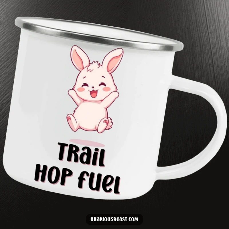 Funny Bunny Bouncing Camping Mug - A durable mug with a fluffy pink bunny joyfully bouncing, ears flopping playfully, perfect for outdoor fun.