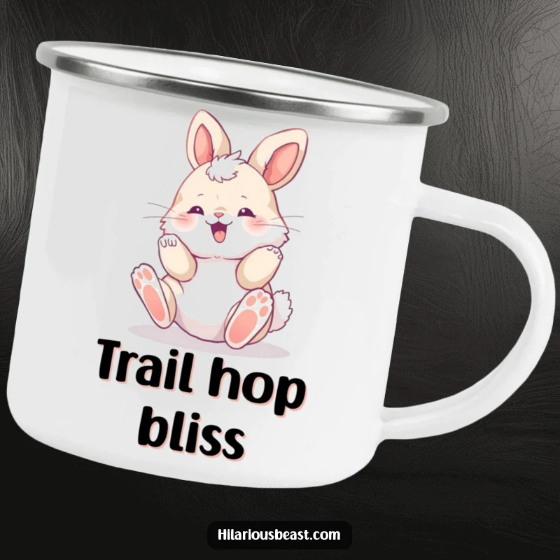 Funny fluffy bunny cub rolling with delight, paws up, enamel camping mug, ready for outdoor adventures and cozy campfire moments.
