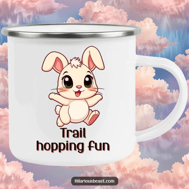 Funny cartoon bunny camping mug with large eyes, ears flopped forward, hopping with pure joy.