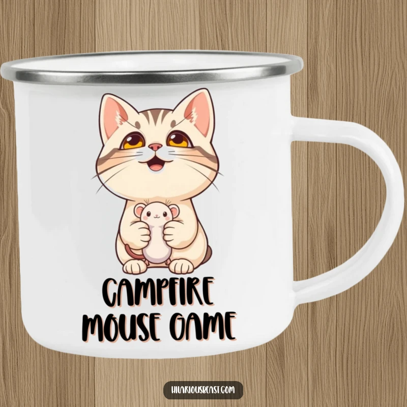 Funny cat holding a mouse toy on a sturdy camping mug, perfect for outdoor mischief and a cute funny gift.