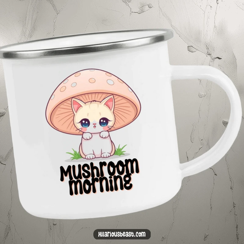 Funny cat peeking from a mushroom on a sturdy camping mug, perfect for outdoor whimsy and a cute funny gift.