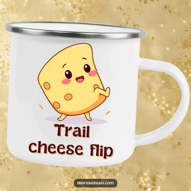 Funny camping mug with a squeaky cheese wedge character doing a comical cartwheel, ready for outdoor fun and cheesy jokes.