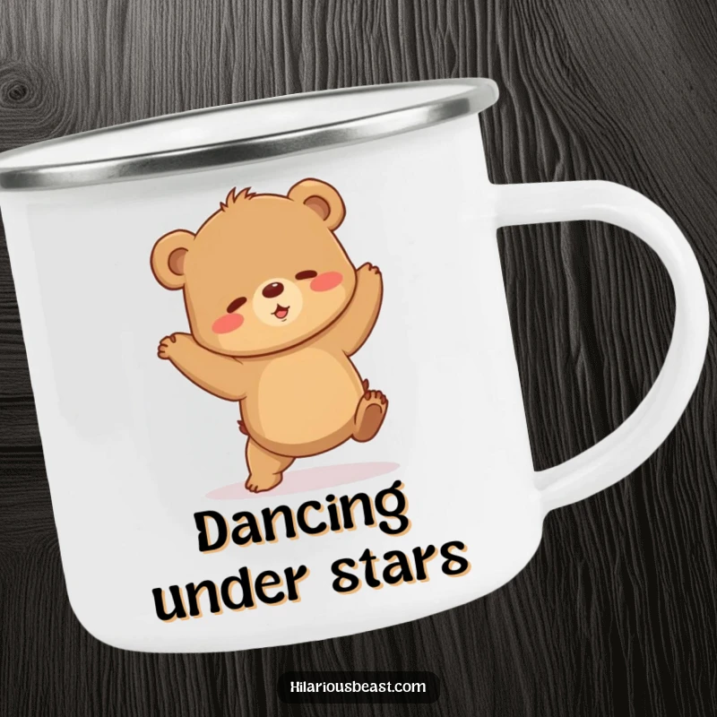 Funny brown bear cub camping mug in a shaky dance pose, perfect for enjoying drinks outdoors with a touch of clumsy, funny style. A durable funny friend.