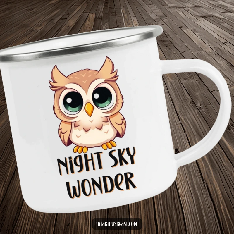 Funny camping mug with a curious owl having enormous eyes, looking comically surprised, perfect for outdoor wonder.