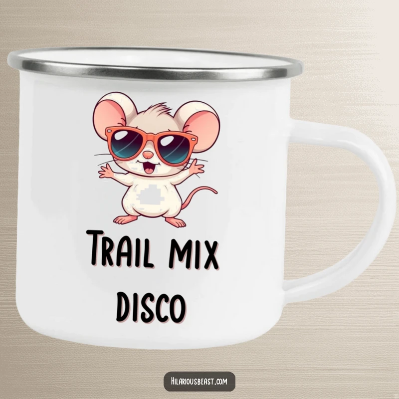 Funny camping mug featuring a tiny mouse in oversized sunglasses, disco dancing under the stars, ideal for outdoor fun.