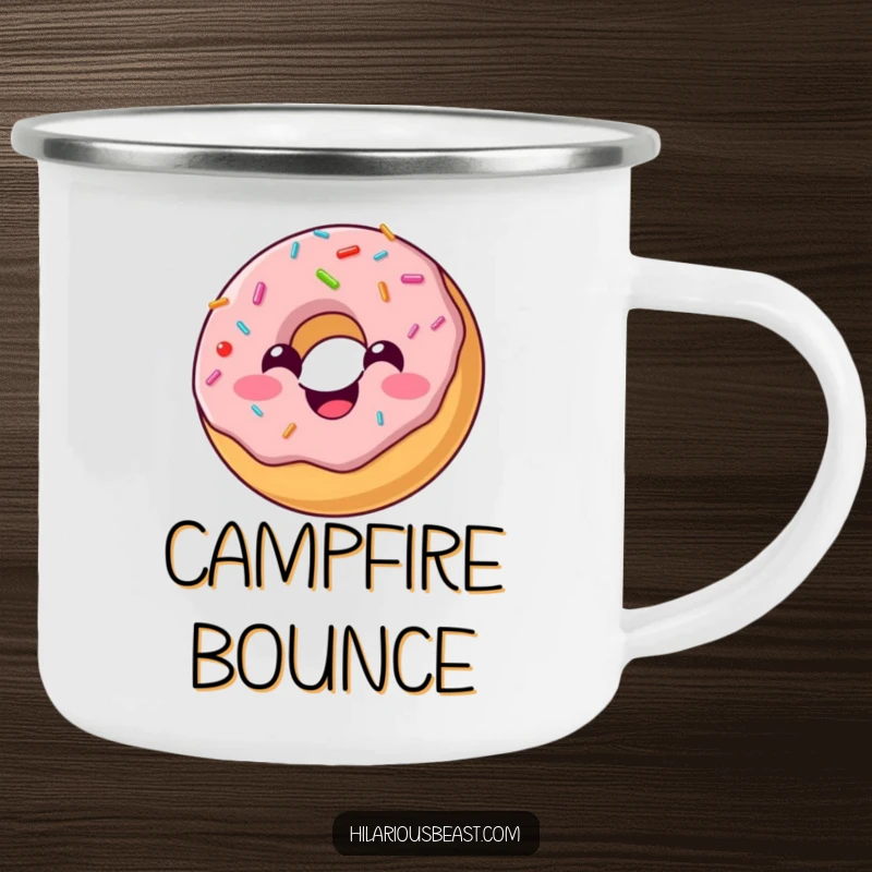 Funny camping mug with a cheerful, round donut with sprinkles bouncing joyfully, ready for outdoor fun and laughs.