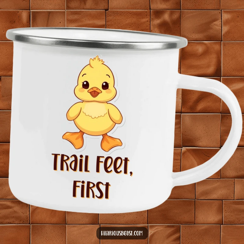 Funny duckling camping mug designed with a waddling duckling and its huge feet, perfect for outdoor adventures and warm beverages. A unique funny gift for campers.