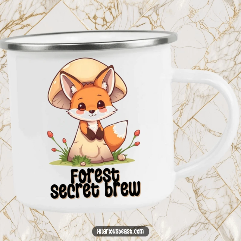 Funny mischievous fox cub peeking with curious eyes, enamel camping mug, ready for outdoor adventures and secret campfire tales.