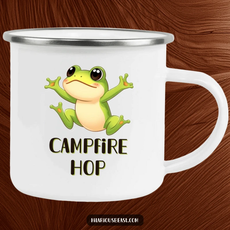 Funny frog camping mug designed with a green frog leaping high with a surprised expression, perfect for outdoor adventures and warm beverages. A unique funny gift for campers.